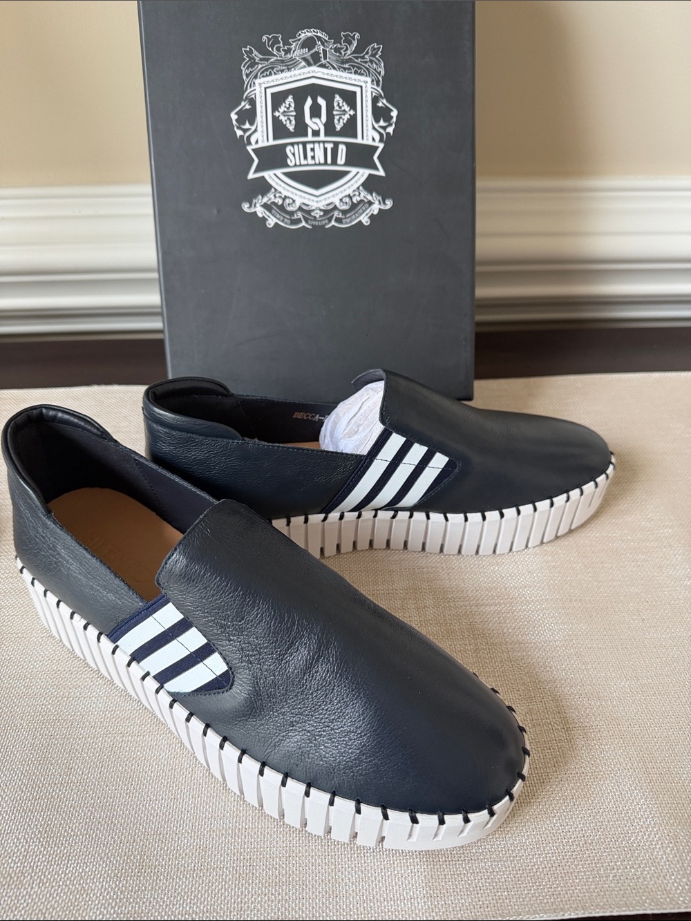 Silent D Women’s  Navy Slip-On Leather Platform Sneakers - White Sole - Picture 10 of 12